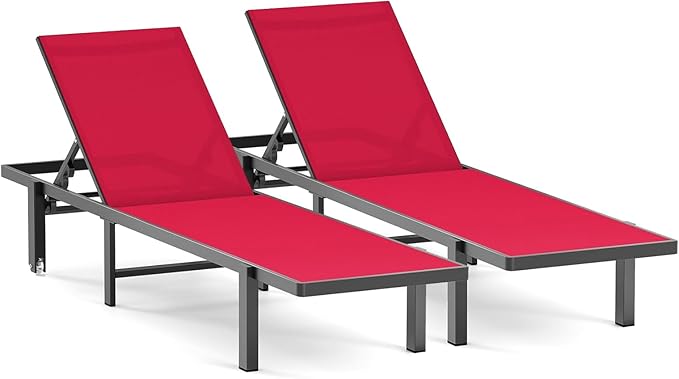 Ciokea Patio Chaise Lounge Chair Set of 2, Outdoor Lounge Chairs with Wheels, 5-Position Adjustable Sun Loungers for Pool, Deck, Beach,Red