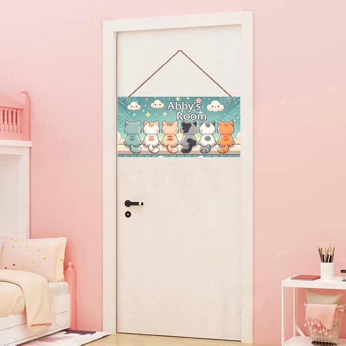 Personalized Sign Cute Cats Wooden Sign For Kids Room Boys Bedroom Door Decor,Custom Name Cat Wall Art Decor Decorative Plate for Nursery Little Man Cave