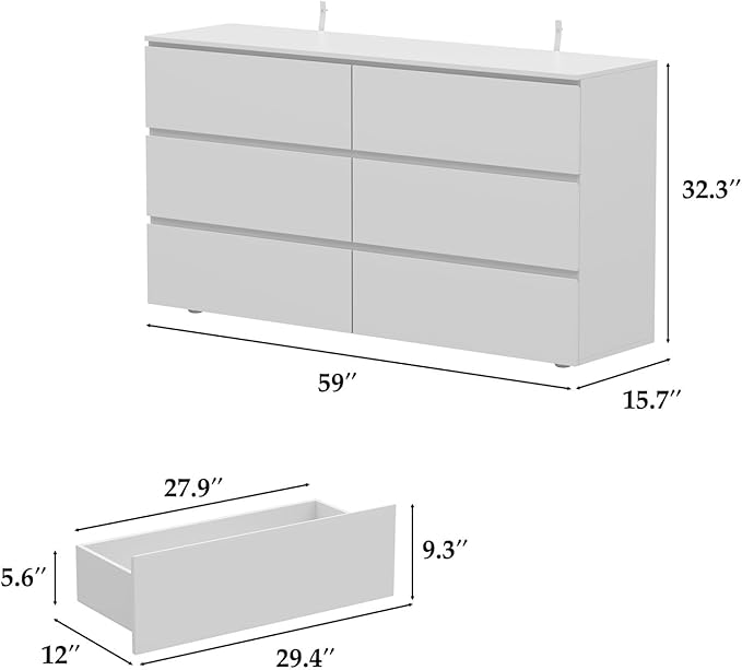 FAMAPY Chest of Drawers Dresser No Handles, 6 Drawer Dresser with Wide Storage, Modern 6-Drawer Chest, for Bedroom White 59”W x 15.7”D x 32.3”H