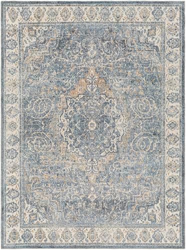 Mark&Day Washable Rugs, 8x10 Elsmore Traditional Navy Blue Area Rug, Blue Ivory Orange Carpet for Living Room, Bedroom or Kitchen (7'10" x 10'2", Machine Washable)