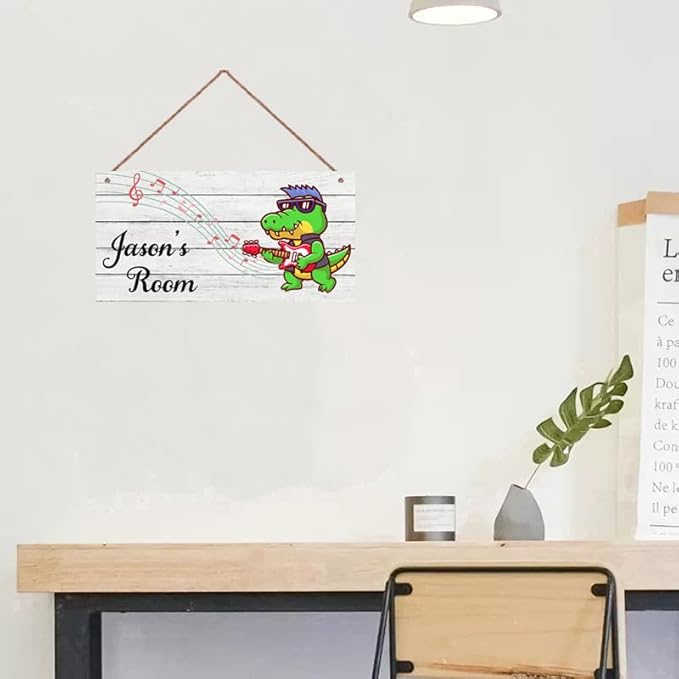 Personalized Signs Cute Dinosaur Playing Guitar Sign For Kids Room Custom Name Door Wall Decor For Girls Room Floral Nursery Art Plate For Boys Bedroom Little Man Cave
