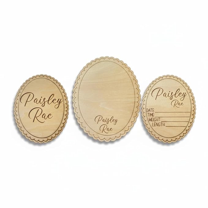 Personalized Engraved Scallop Edge Baby Name Sign, Birth Announcement Plaque, Baby Shower - Newborn Keepsake (All 3 Signs Bundle)