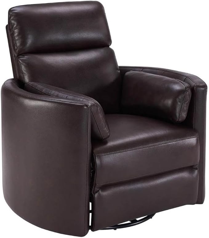 Pemberly Row Transitional Leather Power Cordless Swivel Glider Recliner in Brown with USB Charging Ports and 2 Comfort Pillows for Living Room