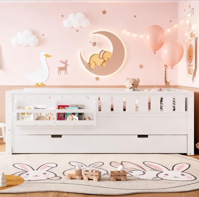Bellemave Twin Size Kids Bed with high Rails and with Built-in Bookshelf and Trundle for Kids, Girls, Boys, Wood Montessori Bed Without Door, White
