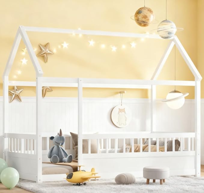 Bellemave Twin House Bed for Kids, Wooden Kids bedframe with Rails and Storage, Montessori Floor beds with high guardrail Without slats, White