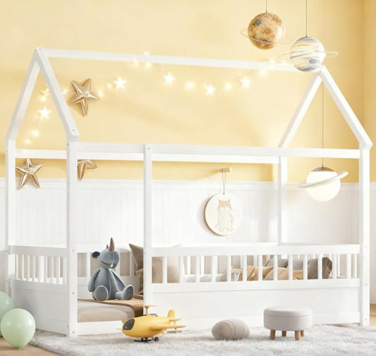 Bellemave Twin House Bed for Kids, Wooden Kids bedframe with Rails and Storage, Montessori Floor beds with high guardrail Without slats, White