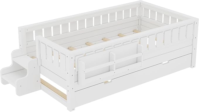 Bellemave Twin Bed with Trundle Twin and Stairs, Twin Size Platform Bed Frame with Fence and Bookshelf, Easy Assemble Beds for Kids, Girls, Boys, White