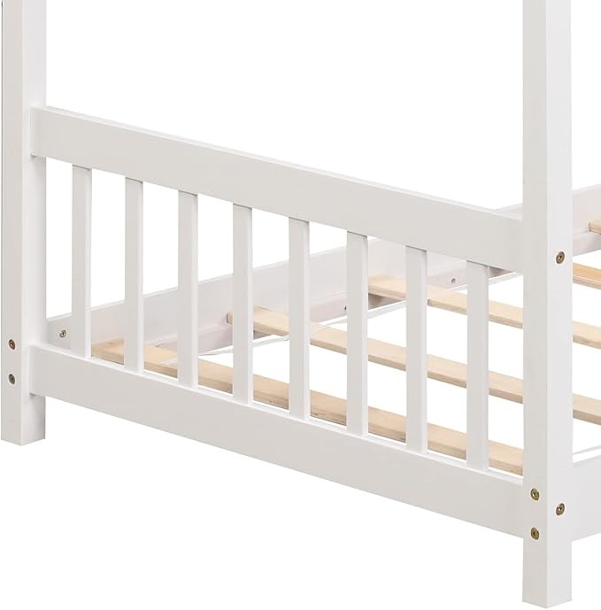 Giantex House Bed Twin, Solid Wood Kids House Bed with Roof, Headboard and Footboard, Low Floor Twin Bed Frame for Toddlers Teens Girls Boys, No Box Spring Needed, White