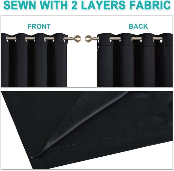NICETOWN Complete 100% Blackout Curtain Set, Black, 37" W by 50" L, Double Panels, Thermal Insulated & Energy Efficiency Window Draperies with Black Liner, Noise Reducing Short Curtains for Kids Room