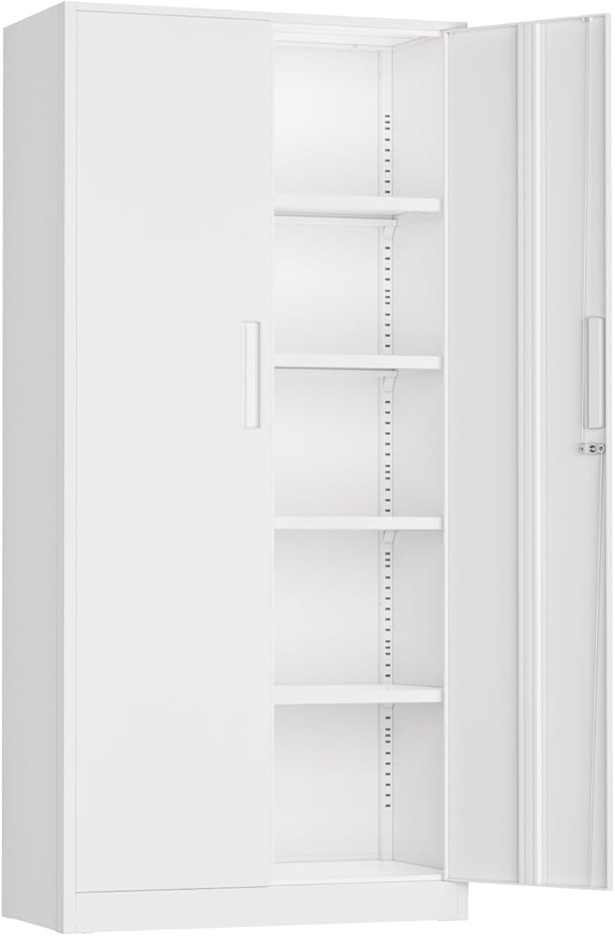 Crownland 72" Metal Storage Cabinet, Lockable Garage Storage Cabinets, High Office Cabinet with Adjustable Shelves for Home Office, Garage, Classroom, Pantry, File(White-Narrow Size)