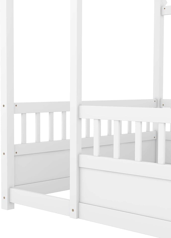 Bellemave Full House Bed for Kids, Wooden Kids bedframe with Rails and Storage, Montessori Floor beds with high guardrail Without slats, White