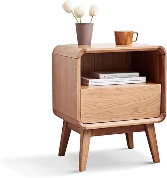 100% Solid Oak Nightstand, Wood Nightstands with 2 Drawers, Mid Century Modern Nightstands with Open Storage, Wooden Night Stand Bedside Table for Bedroom.