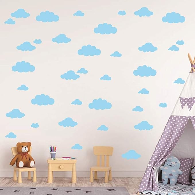 31 Pcs Assorted Cloud Wall Decals – Mixed Size 4 to 10 Inch Vinyl Stickers for Baby Nursery, Kids Bedroom, or Playroom – Removable Sky Theme Room Decoration Mural YYU-14 (Light Blue)