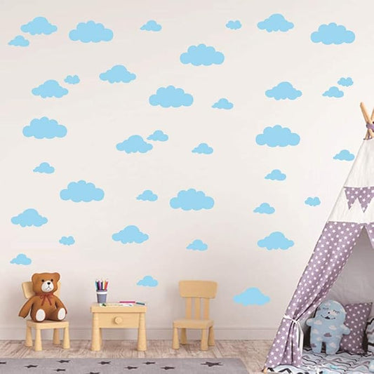 31 Pcs Assorted Cloud Wall Decals – Mixed Size 4 to 10 Inch Vinyl Stickers for Baby Nursery, Kids Bedroom, or Playroom – Removable Sky Theme Room Decoration Mural YYU-14 (Light Blue)