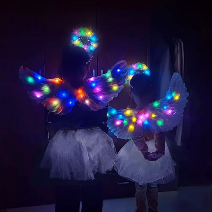 Angel Wings, Light Up Angel Wings and Halo with LED Lights, White Angel Wings Costume for Adult Women Kids Halloween Xmas