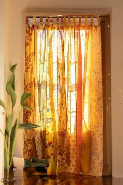 YILLE Boho Silk Sari Curtain Panel,1 Piece Vintage Handmade Lightweight Recycled Indian Silk Saree Window Drapes for Bohemian Living Room, Aesthetic Home Décor Wall Hanging - Yellow, 84 X 43 in