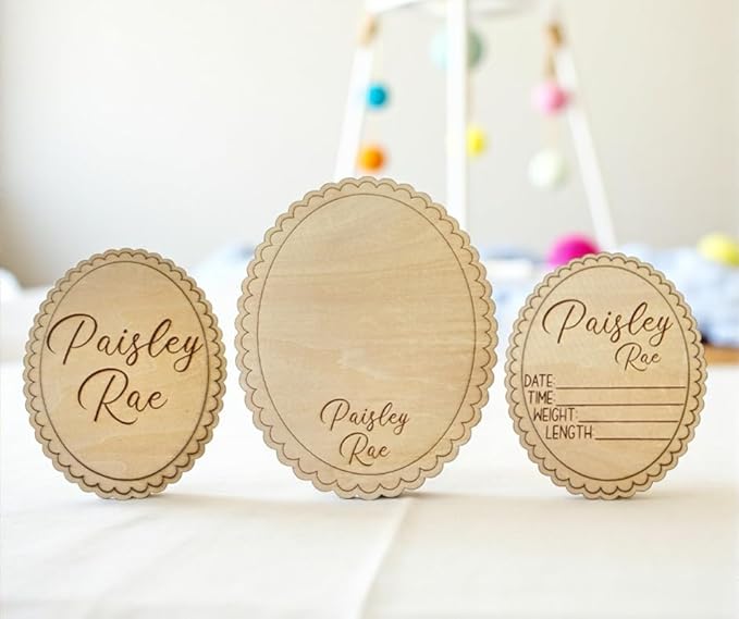 Personalized Engraved Scallop Edge Baby Name Sign, Birth Announcement Plaque, Baby Shower - Newborn Keepsake (All 3 Signs Bundle)