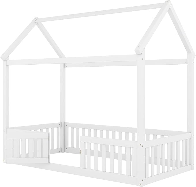 Bellemave Twin House Bed for Kids, Wooden Kids bedframe with Rails and roof, Montessori Floor beds, White with Door no slats