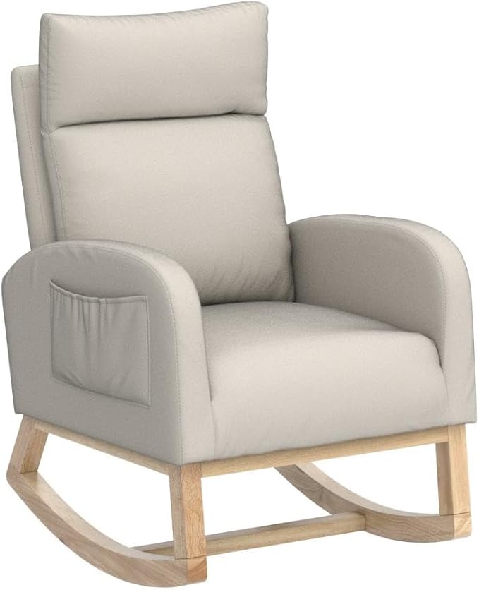 Nursery Rocking Chair with Solid Wood Legs, Glider Chair for Nursery with Two Side Pockets, Rocker Armchair for Living Room Bedroom (Beige, Linen Fabric)
