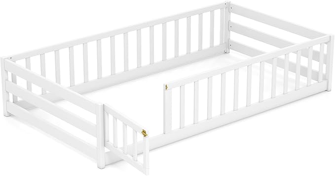KOMFOTT Twin Size Wood Floor Bed with Door & Fence, Montessori Bed Frame with Full Length Safety Guardrails, Door & Latch, Wooden Montessori Floor Bed for Kids, Girls, Boys (White, Twin)