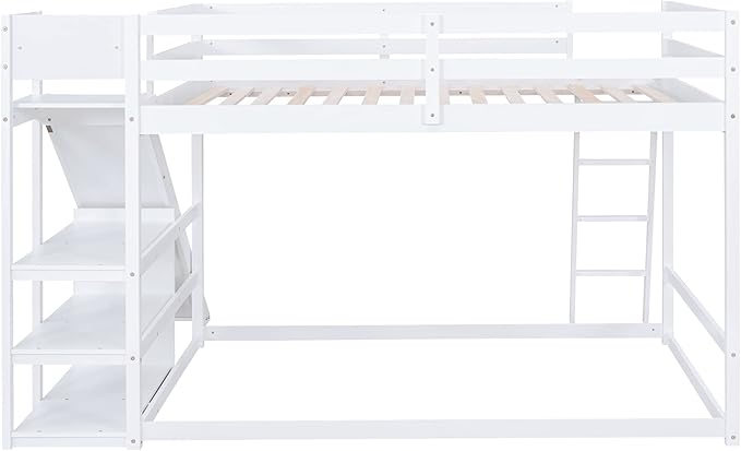 Full Over Full Bunk Bed with Ladder, Wooden Bunk Bed Frame with Slide and Shelves, Low Bunk Bed for Kids Teens Adult, Space-Saving Bedroom Dormitory Furniture (White + Pine-05)