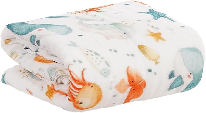 Muslin Swaddle Blankets 6-Layer Cotton Baby Blankets for Boys & Girls 43"X43"Inches Receiving Blankets,Soft Skin-Friendly Baby Crib Blanket,Breathable Quilt Bedspread(Ocean Animals)