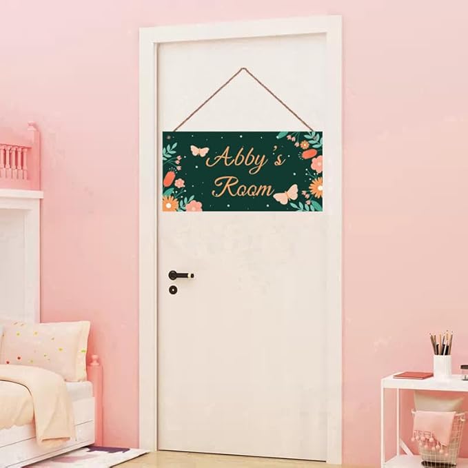 Personalized Cute Butterfly Sign Cartoon Flowers Wall Hanging Plaque Sign For Girls Room Door Décor For Nursery Boys Bedroom Home Art Decor For Kids Room