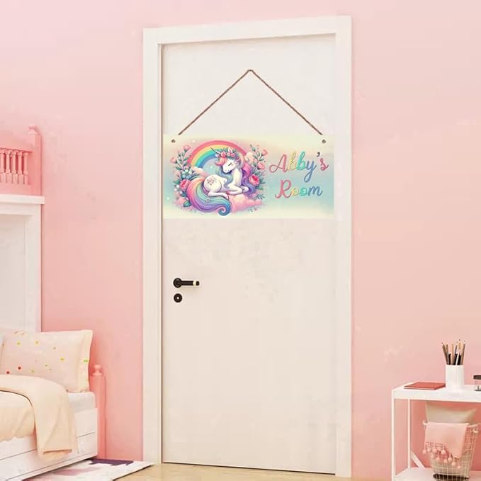 Personalized Rainbow Unicorn Flowers Door Sign Girls Bedroom Kids Nursery Wall Decor Custom Name Art Wooden Plaque For Home Kitchen Garden Yard Wall Club Front Door Decor