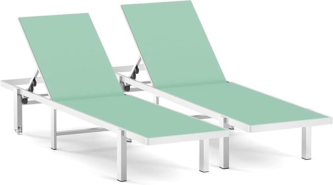 Ciokea Patio Chaise Lounge Chair Set of 2, Outdoor Lounge Chairs with Wheels, 5-Position Adjustable Sun Loungers for Pool, Deck, Beach, Light Green