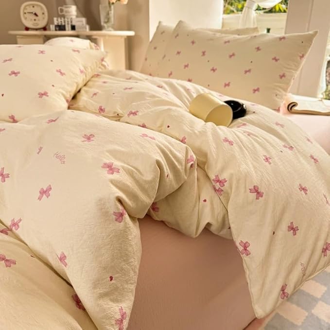 Bow Duvet Cover Queen Size Pink Bowknot Duvet Cover Set with Heart Printed 3 Pcs Kids Boys Girls Princess Style Cute Bows Reversible Bedding Set with Zipper Closure