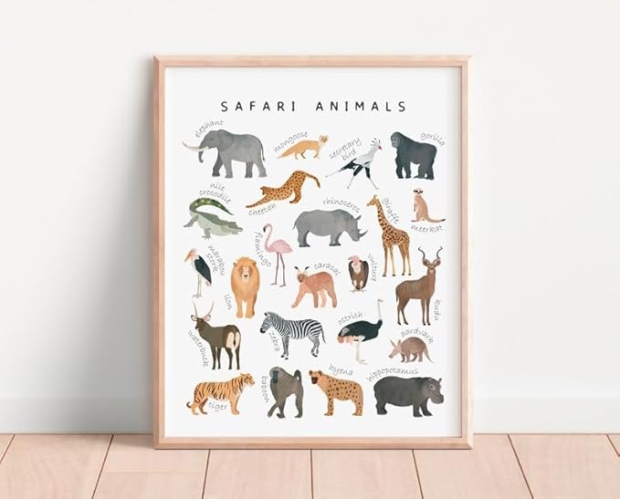 OZCONO Safari Animals Poster, Educational Jungle Chart for Kids, Playful Nursery Wall Decor, Montessori Learning, Homeschool Wildlife (Unframed) (27x40)