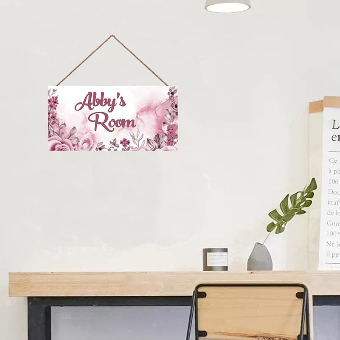 Personalized Pink Flower Floral Kids Room Door Sign Custom Name Boys Girls Bedroom Decor Wall Art Toddler Baby Nursery Wood Plaque