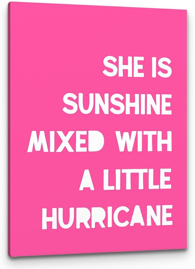 PHAMTE Girls Bedroom Wall Decor, She Is Sunshine Mixed With a Little Hurricane Girls Room Wall Art,Sunshine Print Framed Canvas Painting Artwork Girl Room Bedroom Home Nursery Playroom（Pink）