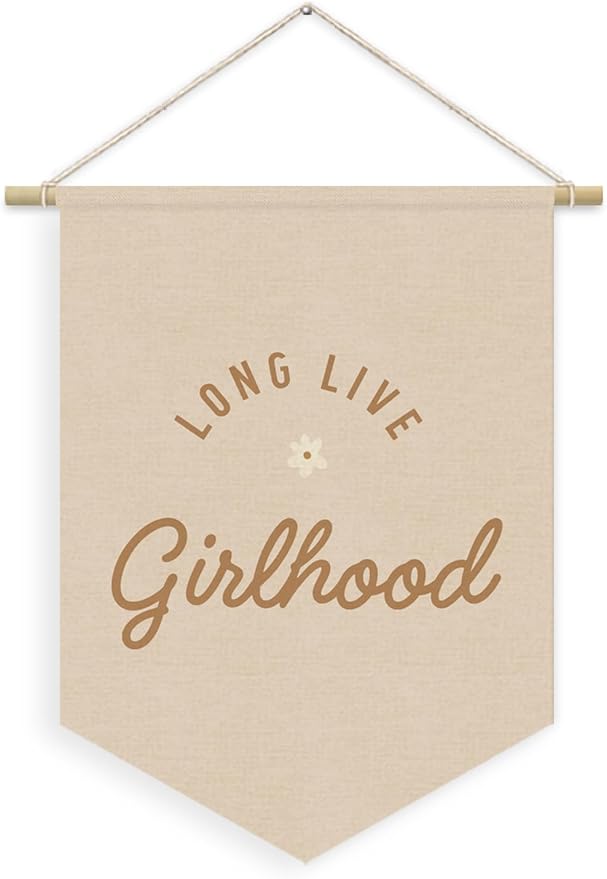 Girl Nursery Decor, Long Live Girlhood Linen Canvas Banner, Pink Preppy Girly Wall Hanging Pennant Flag Banner for Girls Nursery Kids Toddler Room Bedroom Dorm Decor, 15x11in