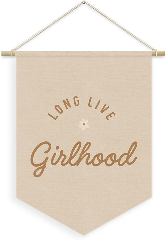 Girl Nursery Decor, Long Live Girlhood Linen Canvas Banner, Pink Preppy Girly Wall Hanging Pennant Flag Banner for Girls Nursery Kids Toddler Room Bedroom Dorm Decor, 15x11in