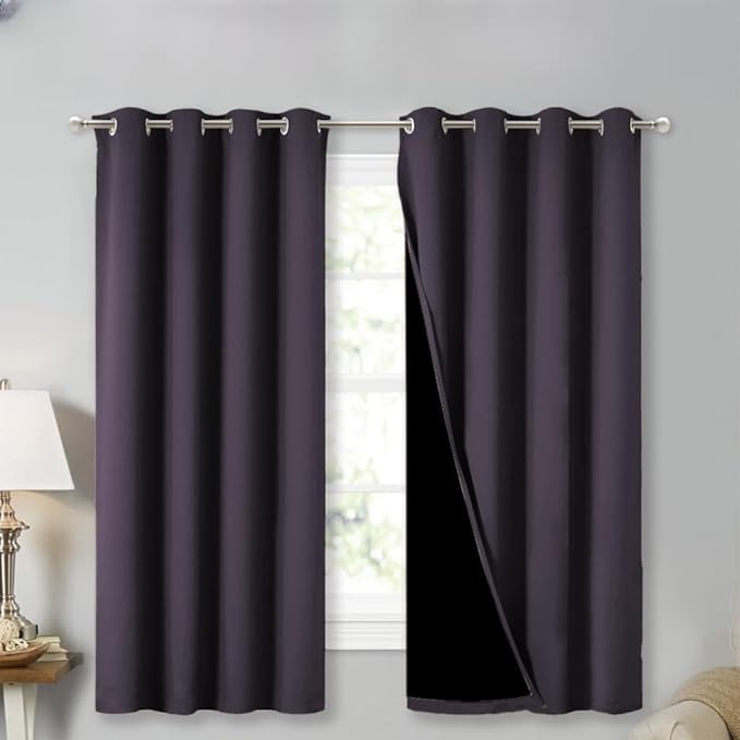 NICETOWN 100% Blackout Curtains 54" Long, Greyish Purple, 1 Pair, 52" Width Each Panel, Double-Deck Completely Blackout Window Treatment Thermal Insulated Lined Drapes for Small Window