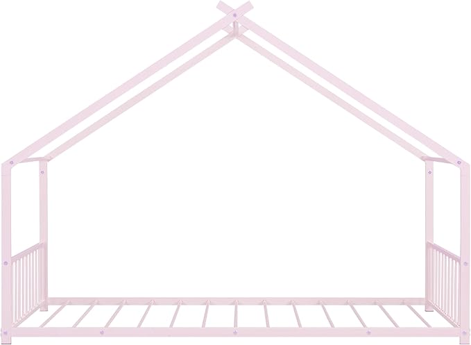Twin Size House Shaped Montessori Platform Beds, Wood Floor Bed Frame with Roof and Fence Deisgn, Kids Double Toddler Bed for Children Boys Girls, Easy Assemble, No Box Spring Needed, Pink