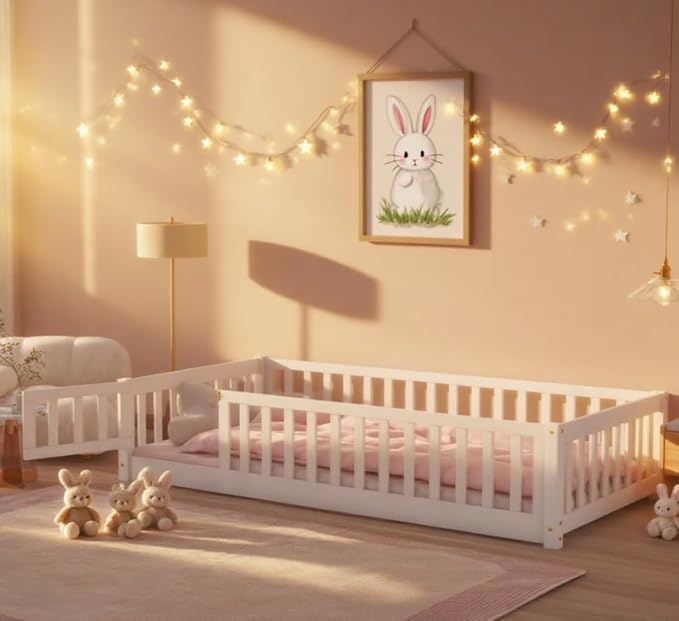 Bellemave Twin Size Floor Bed for Kids, Girls, Boys, Rubber Wood Floor Bed with slats and Door, White