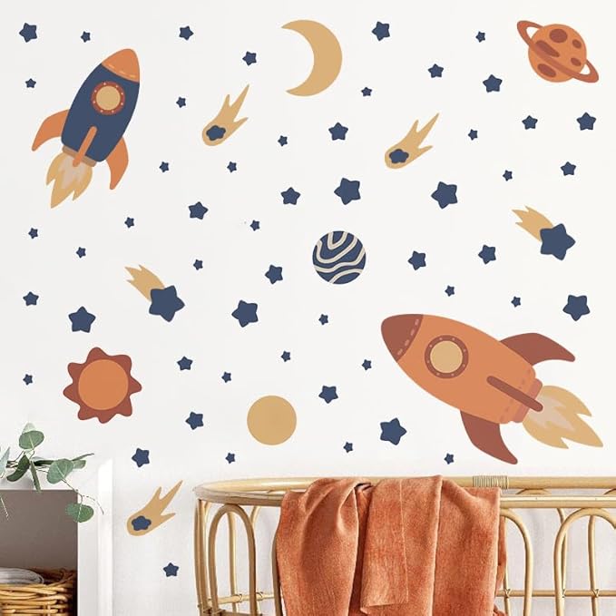 Outer Space Wall Decals, Peel and Stick Rockets Stars Planet Wall Stickers, Space Themed Wall Decor for Baby Nursery Kids Bedroom Boys Playroom Decoration