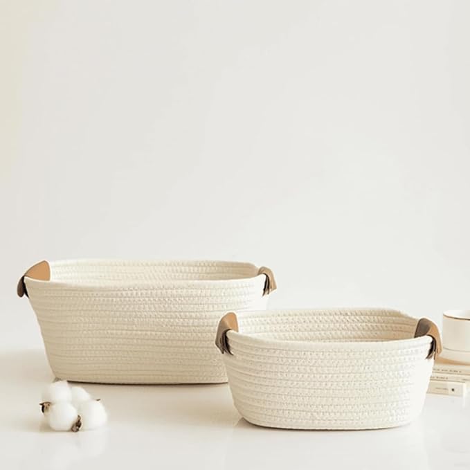 Medium Cotton Woven Basket with PU Leather Handle, Baby Clothes Toys Candy Gifts Cotton Rope Organizer, Living Room Basket Bathroom Shower Storage Laundry Basket, Dog Cat Bed, Cute Decor, Pink