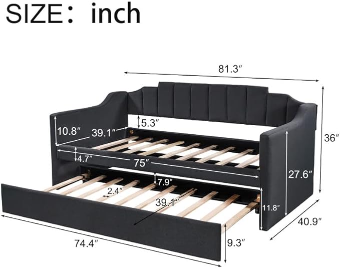 Bellemave Twin Upholstered daybed with Trundle, Sofa Bed Twin Size, daybed with Trundle for Adults, Kids, Girls, Teens, for Living Room, Black