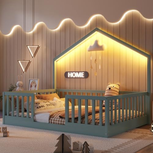 Full Size House Bed for Kids, Low Profile Full Montessori Bed with High Railings, Wood House Shape Montessori Beds with Light & Roof for Kids, Gray