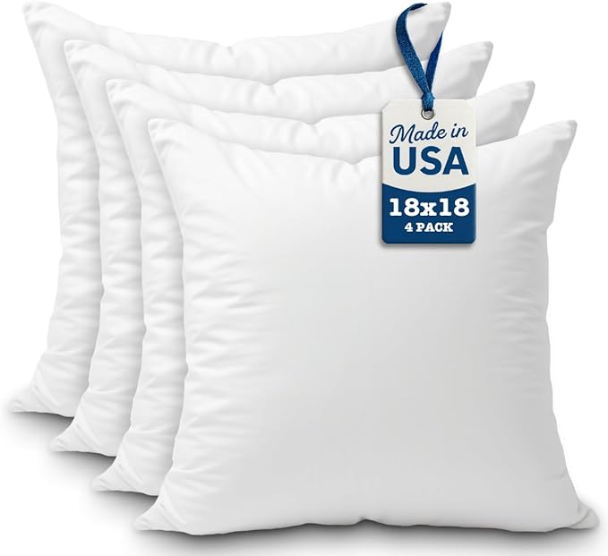 Foamily Throw Pillows Insert 18 x 18 Inches (Set of 4) Hypoallergenic, Made in USA - Decorative Couch, Bed Pillow