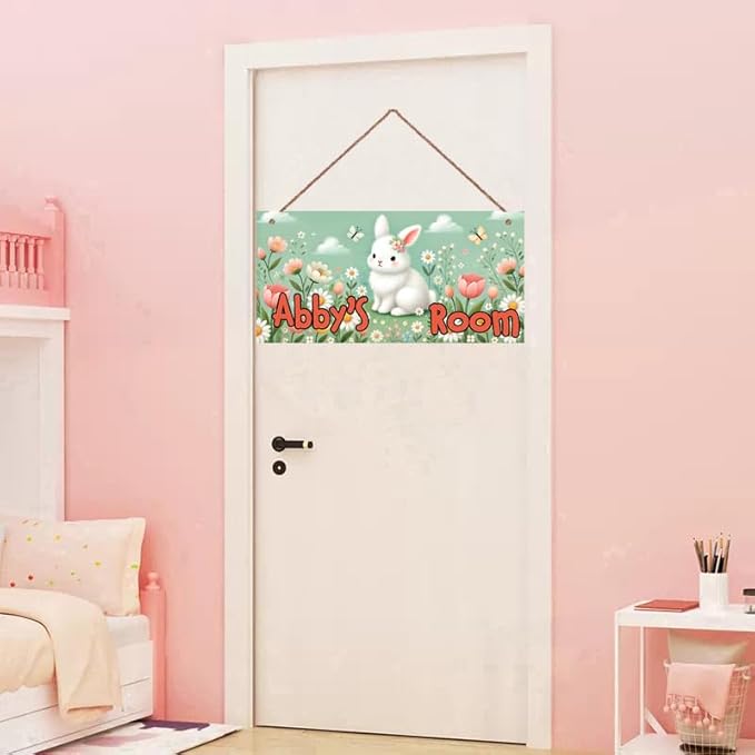 Personalized Sign - Sweet Rabbit and Flowers Door Sign & Wall Art - Flower Sign for Nursery Decor, Kids' Room Decor, Door Signs, Wall Hangers
