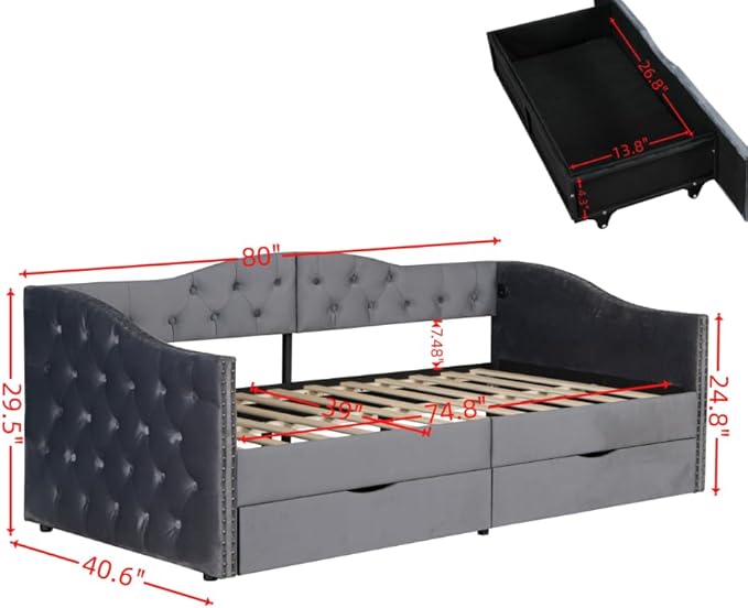Bellemave Twin Upholstered daybed with 2 Drawers and USB Charging, Velvet Tufted Sofa Bed Twin Size, daybed with Trundle for Adults, Kids, Girls, Teens, for Living Room, Grey