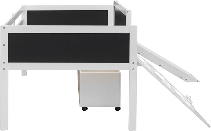 Play Fun Design Twin Size Loft Bed with Slide and Rope Climbing Ladder for Kids Boys Girls, Solid Wood Loft Bed Frame with 2 Storage Boxes and Double-sided Chalkboard, Sturdy Slat Support (White-2)
