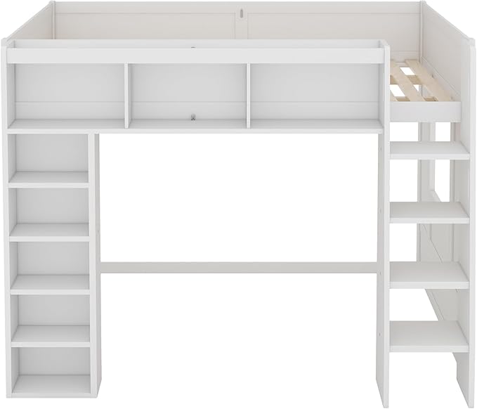 Playhouse Design Queen Size Loft Bed with Built-in Storage Shelves and 2 Windows, Solid Wood Loft Bed Frame with Safety Guardrail for Kids Teens Boys Girls, Space-Saving (White-12.9)