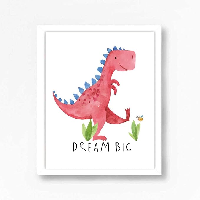 Gubrandin Watercolor Dinosaur Art Print Inspirational Quote Wall Art Nursery Bedroom Decoration Funny Animals Plants Poster for Boys or Girls Bedroom (8x10 inch，Set of 4，Unframed)
