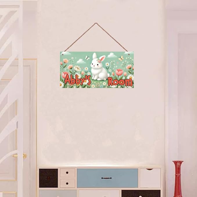 Personalized Sign - Sweet Rabbit and Flowers Door Sign & Wall Art - Flower Sign for Nursery Decor, Kids' Room Decor, Door Signs, Wall Hangers