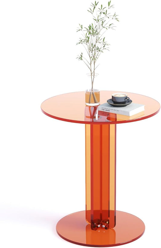 Round Acrylic Side Table, Modern Accent End Table, Minimalist Bedside Night Stand, Small Coffee Tables for Living Room Office Bedroom Indoor Home Decor, Orange